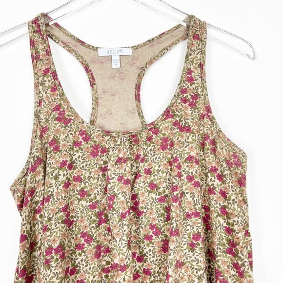 dELiA*s Tank Top Women's Size M Tan Red Olive Floral Print Asymmetrical Hem Boho - Picture 2 of 10